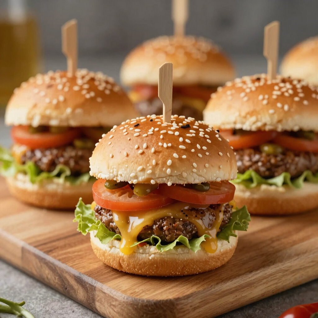 burger with vegetable on brown wooden tray