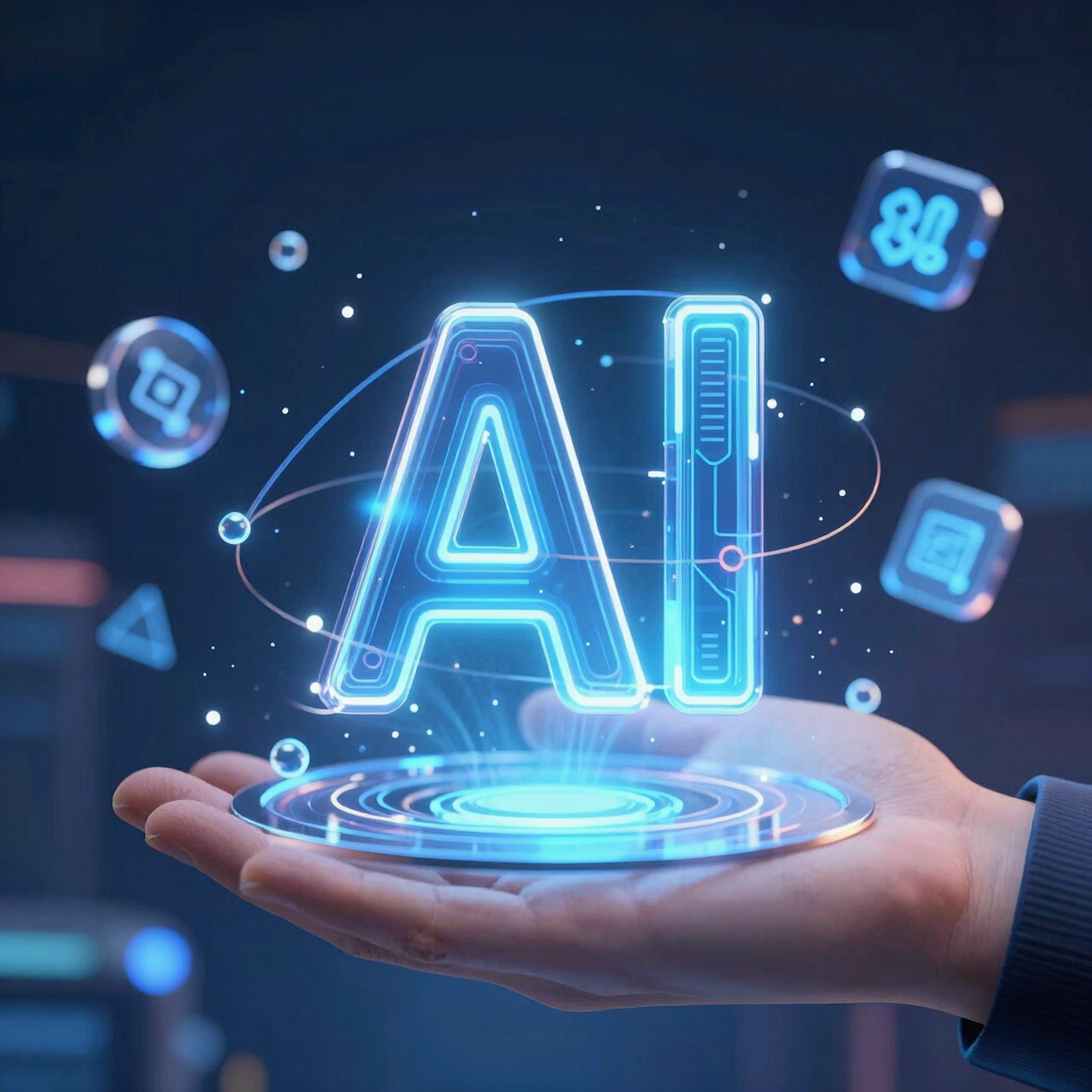 robot and human hands reaching toward ai text