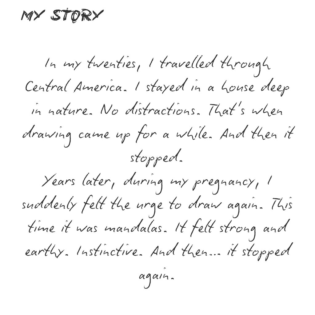 Handwritten story about an artist's journey with drawing and mandalas during pregnancy.