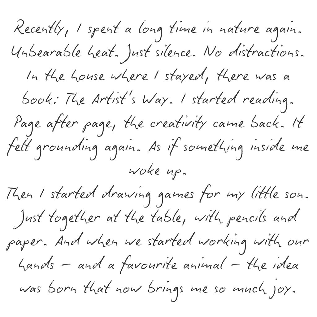 Handwritten note about rediscovering creativity through nature, reading The Artist's Way, and drawing.