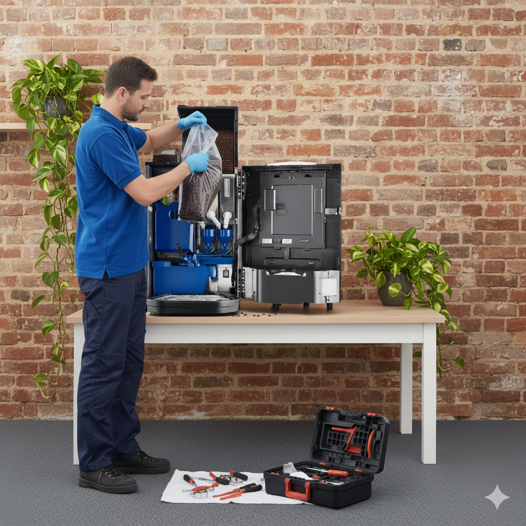 Técnico realizando reposición de insumos en máquina de café de empresa - Tomaluba