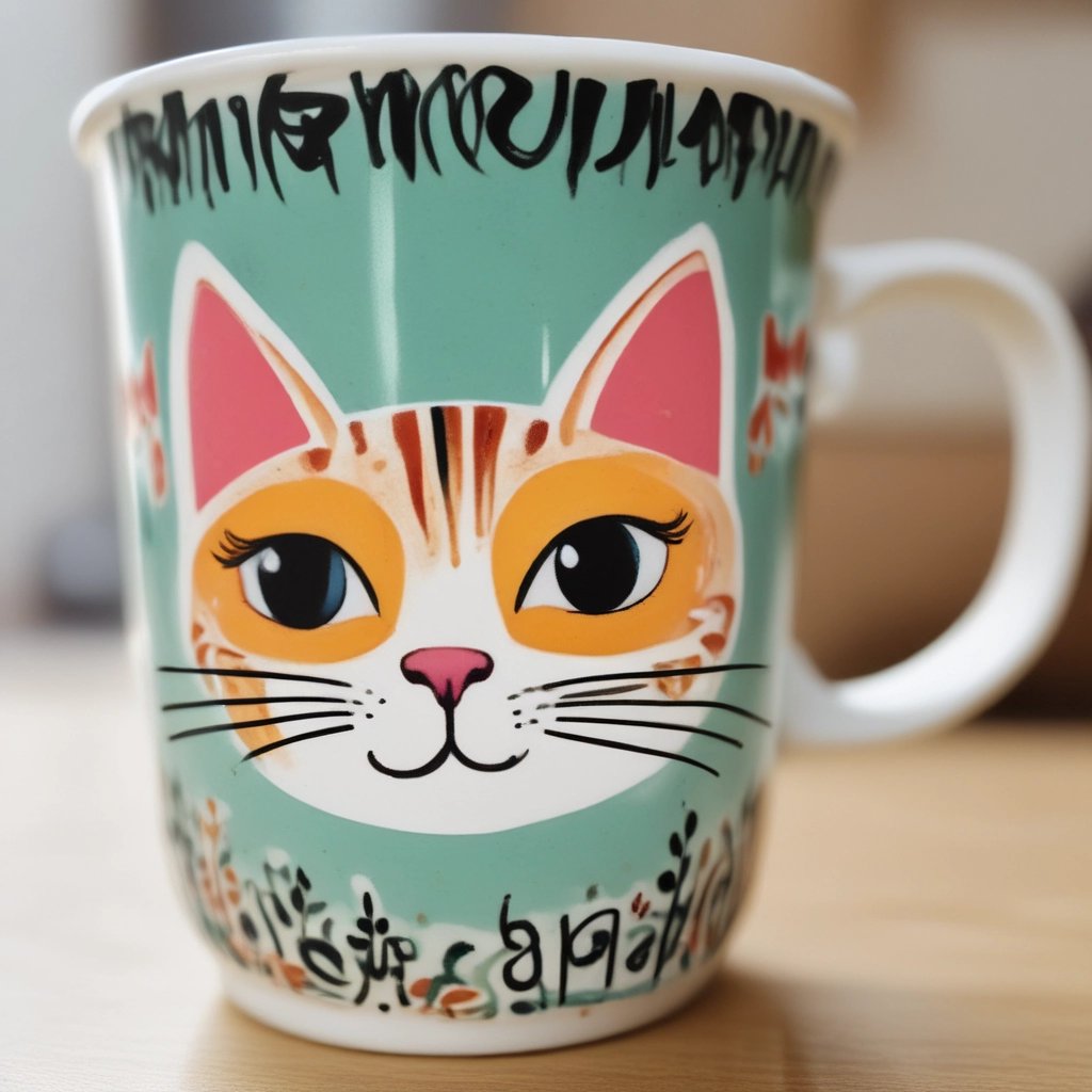 A close-up of a coffee cup decorated with a playful, hand-drawn style decal of a smiling sun.