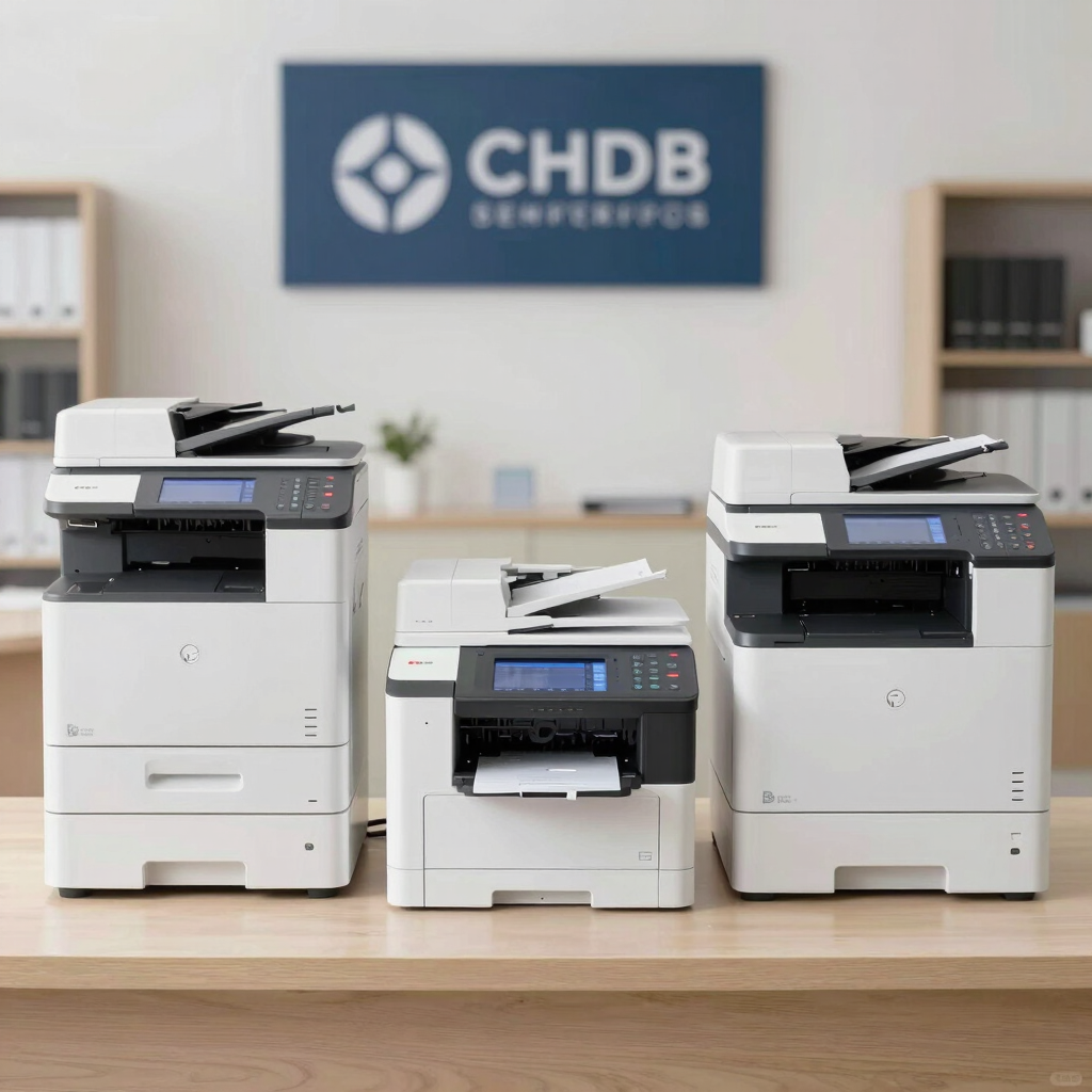 Technician repairing a modern printer in a bright office environment