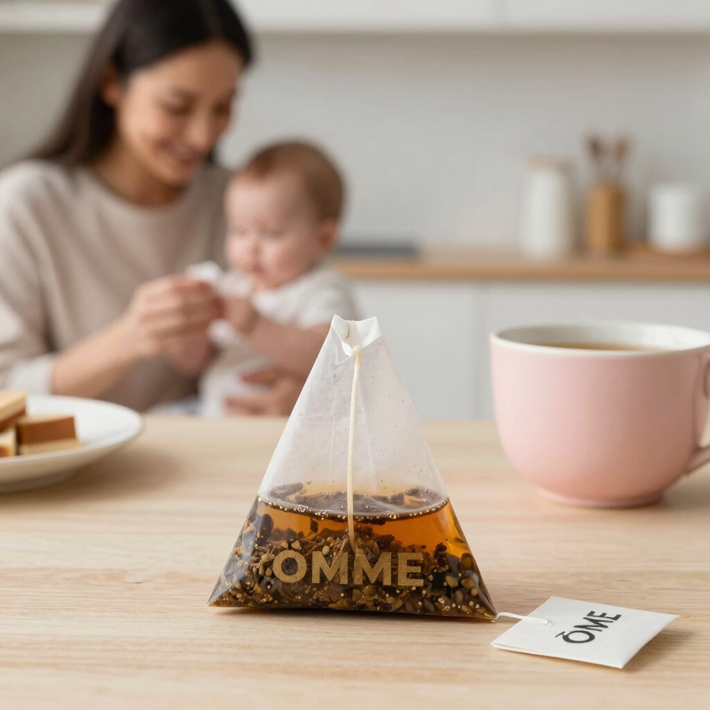 Elegant pyramid tea bags steeping in warm cups surrounded by cinnamon sticks and fresh herbs.