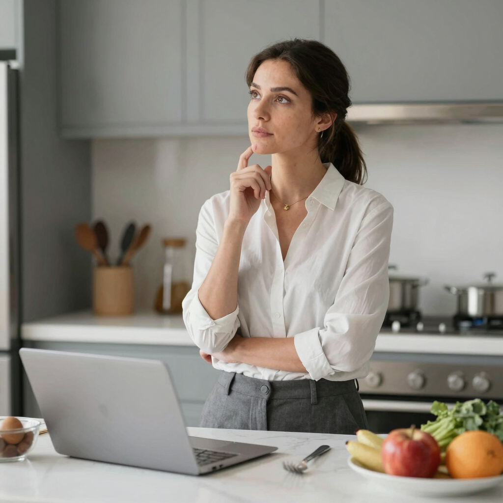 A warm kitchen scene with a mother preparing a healthy meal while smiling children watch eagerly.