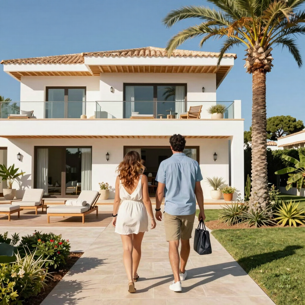 A welcoming real estate agent greeting a happy family in front of a charming home.