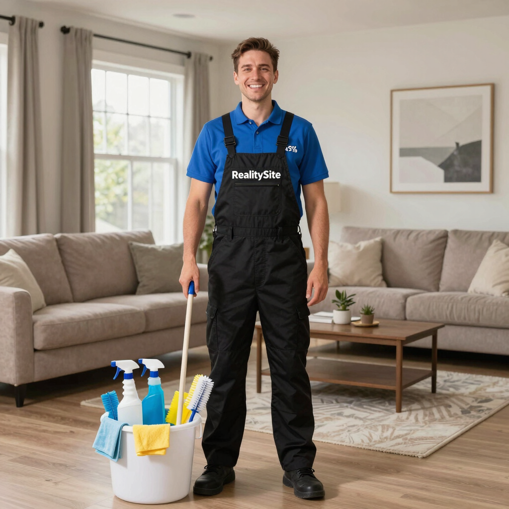 A friendly team member cleaning a modern kitchen in a bright home, preparing it for a showing.