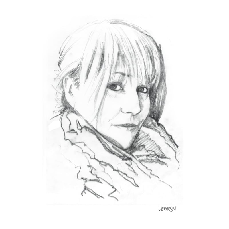 Portrait au crayon, dessiné à la main, d'une femme avec une frange et un foulard, signé 