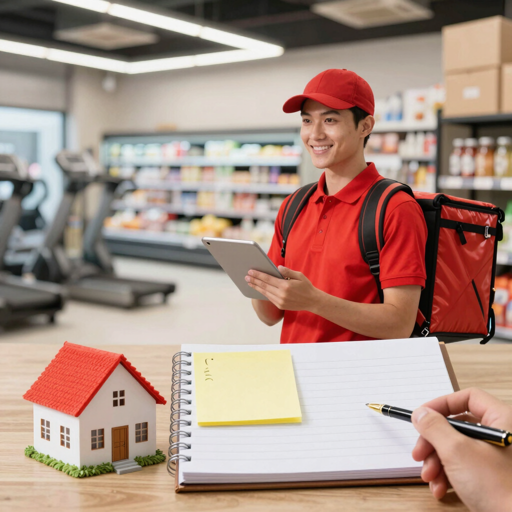 A cozy workspace with a laptop, notebook, and a cup of coffee, bathed in natural light.