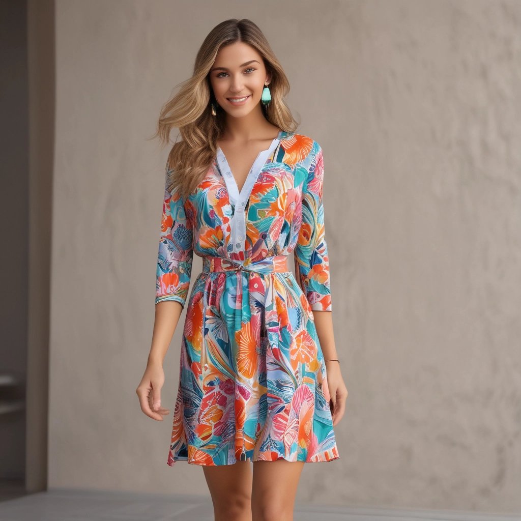 A bright and cheerful photo of a woman wearing a colorful fitness outfit outdoors.