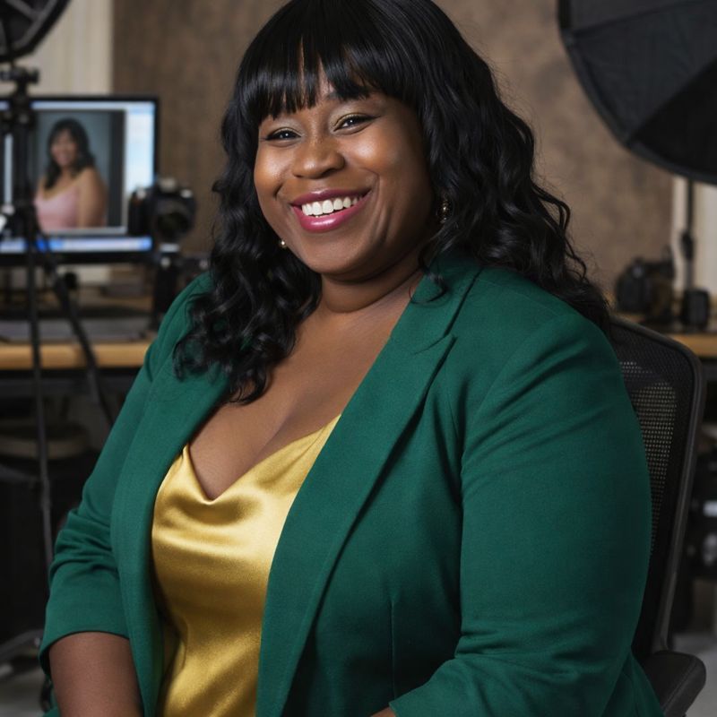 Smiling Black woman professional in green blazer posing for a headshot in a photo studio.