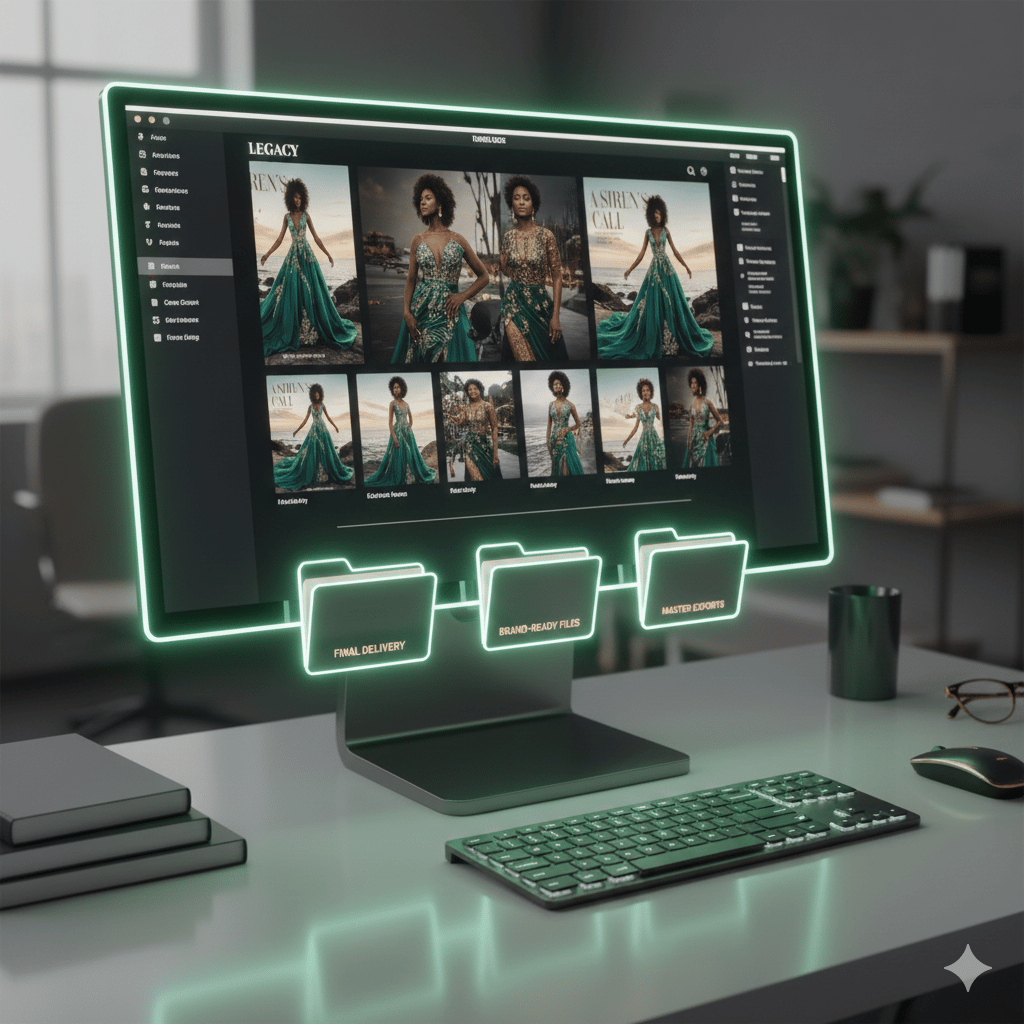 Digital asset management software on a neon-lit monitor displaying fashion photography portfolio files.