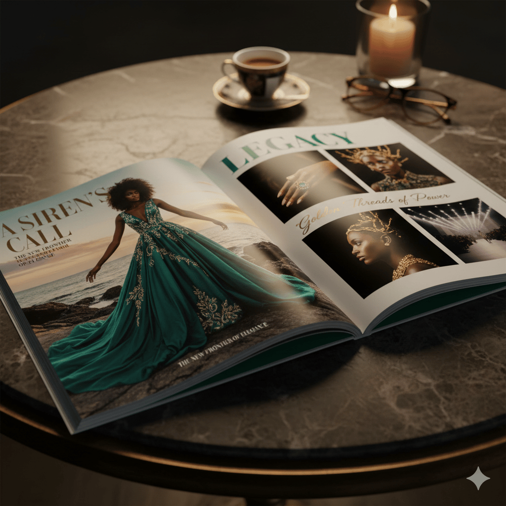 Open fashion magazine on a marble table featuring a model in a luxury emerald green gown with gold embroidery.