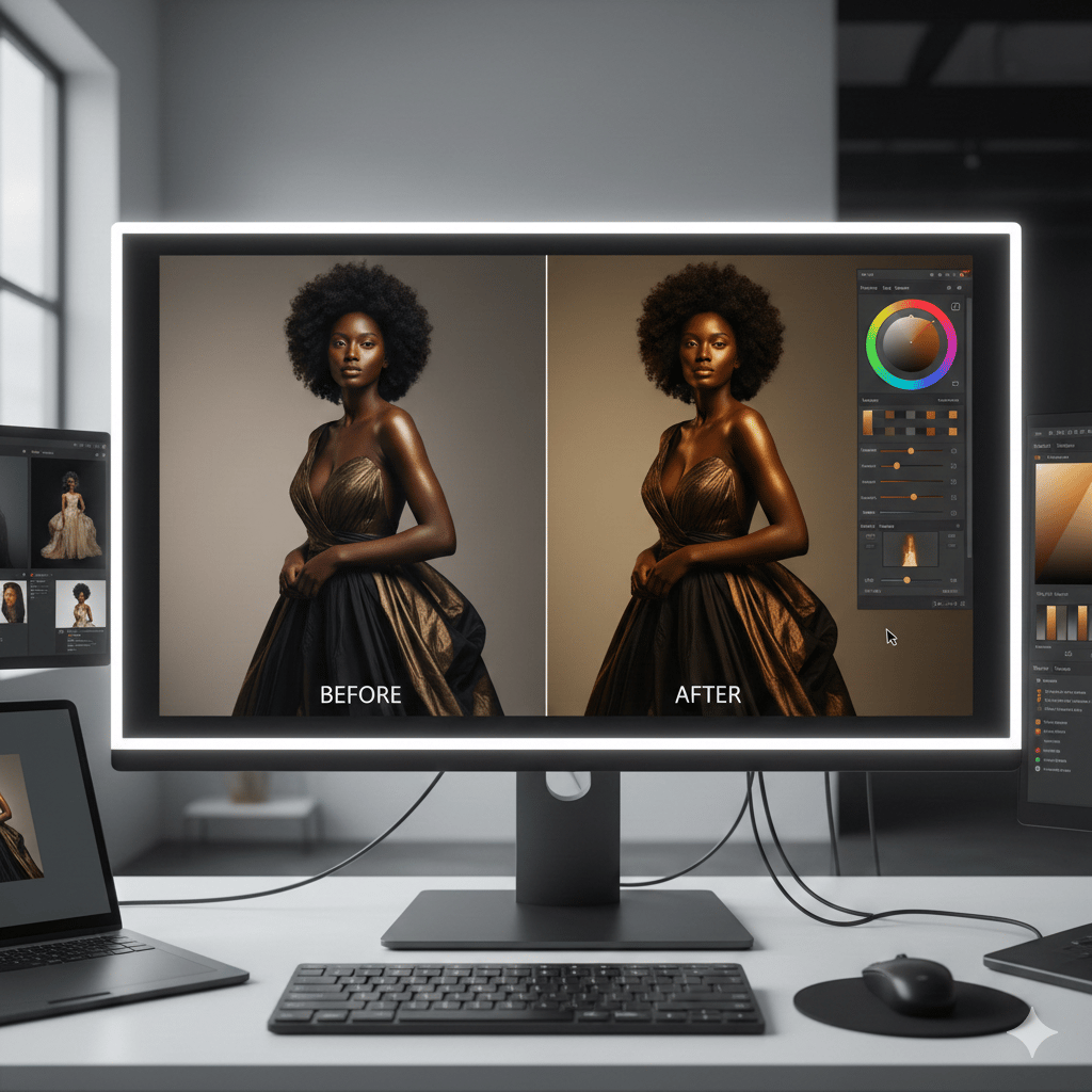 Professional photo editing workflow showing before and after color grading on a high-end monitor.