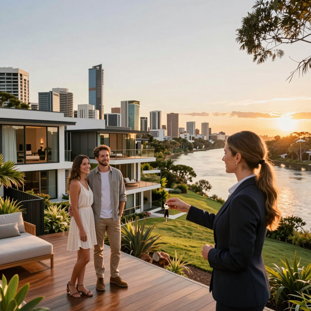 A stylish townhouse surrounded by lush greenery under a bright blue sky.