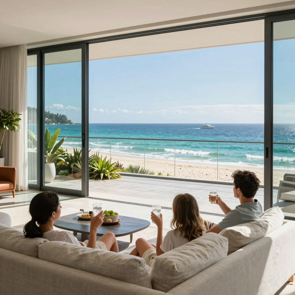 A sleek modern Gold Coast waterfront apartment with sunset reflections on the water.