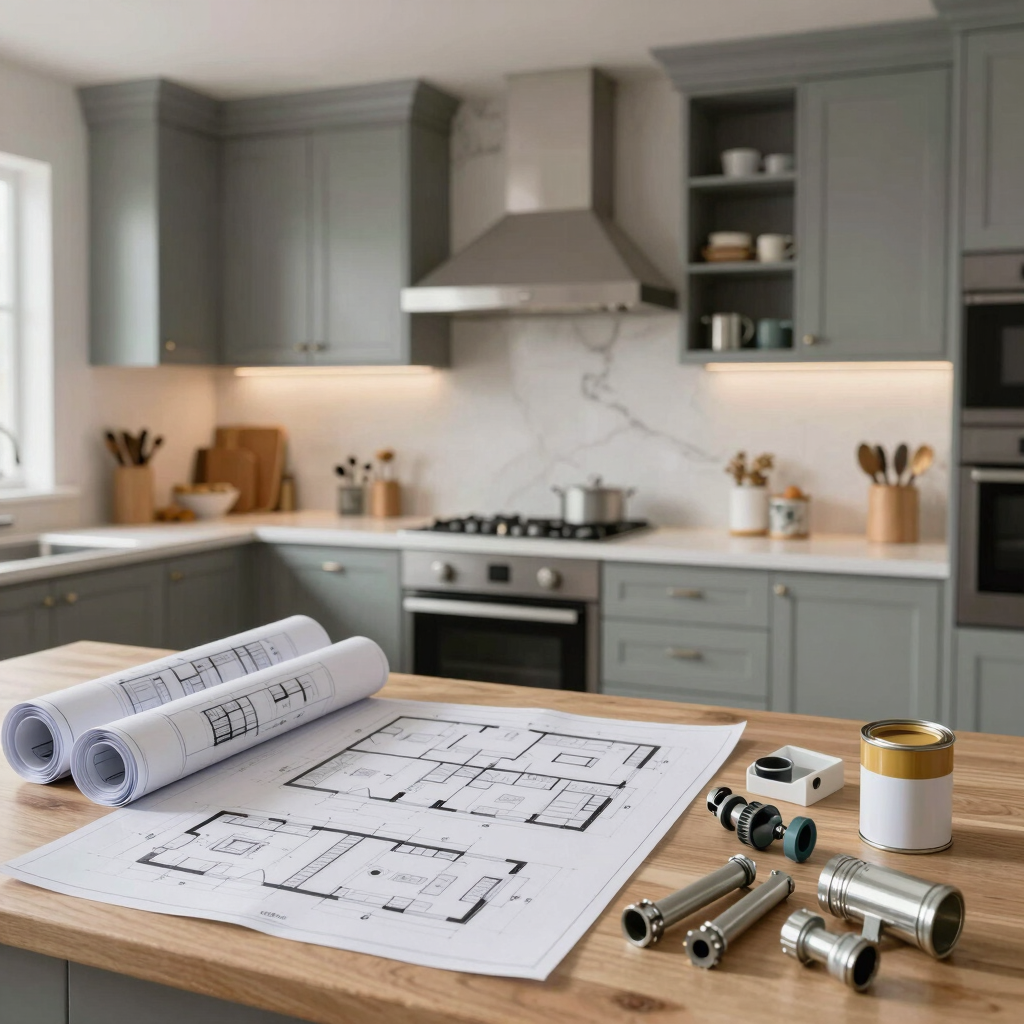 A minimalist and sophisticated kitchen corner showcasing a designer coffee station. Features creamy off-white cabinetry and a splashback in a soft taupe stone material. The lighting is soft and diffused.