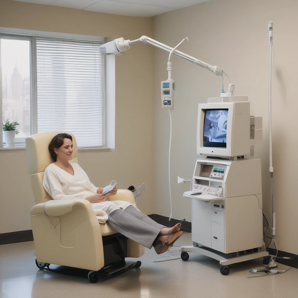 a woman in a chair with a laptop and a monitor