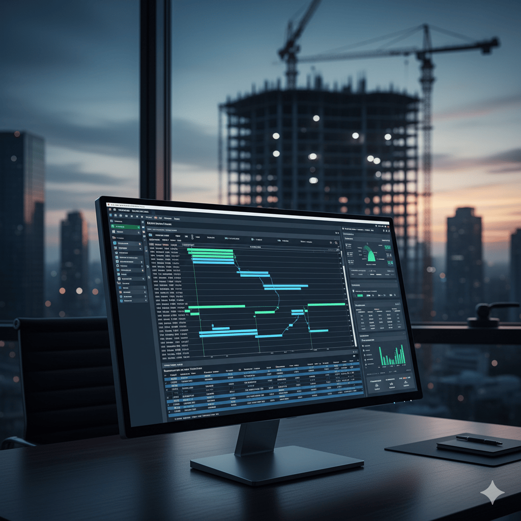 Construction project controls dashboard on computer with Gantt chart.