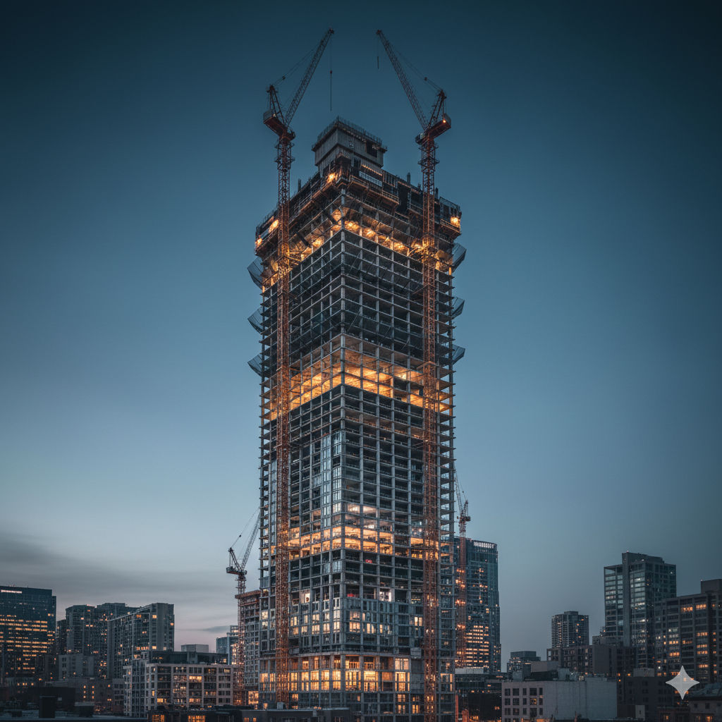 High-rise tower under active construction with cranes, illustrating strong project performance