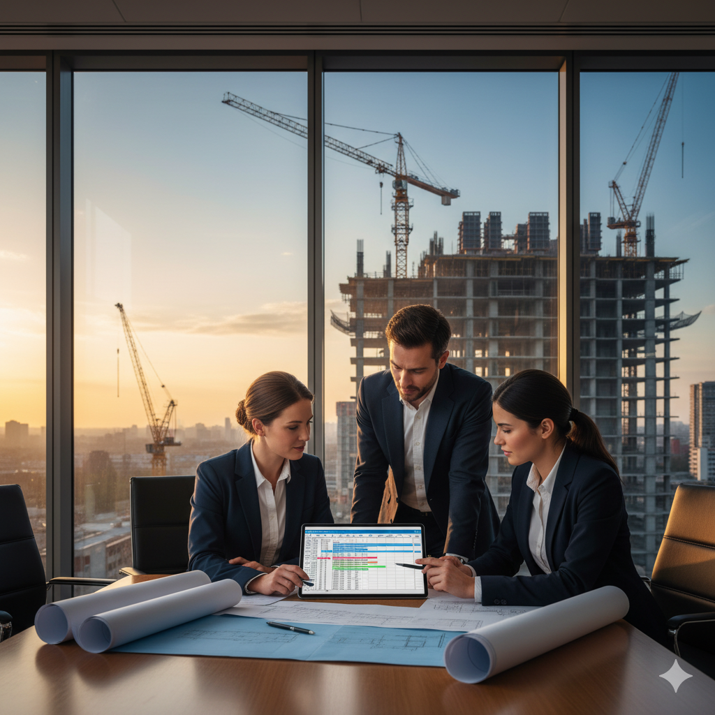 Creed Advisory – programme management and planning team with cranes outside window