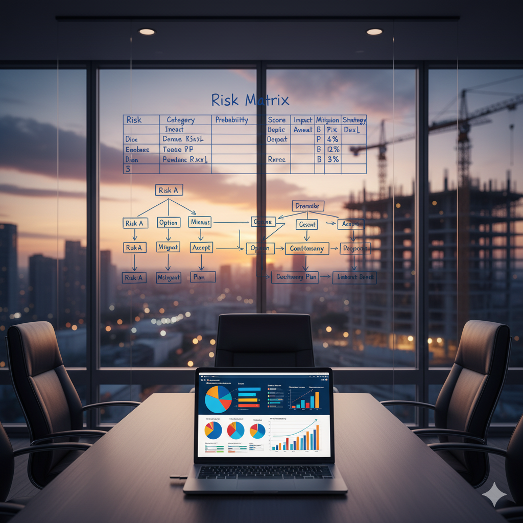 Risk management meeting with project team reviewing risk matrix.