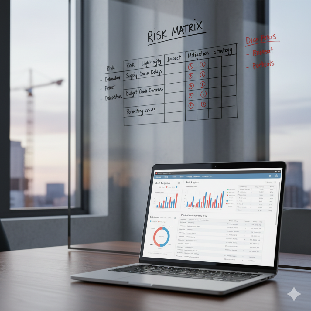 Risk management matrix and analysis for construction project oversight.