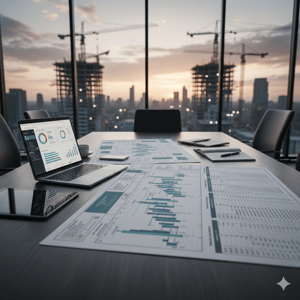 Project manager reviewing plans and schedules for construction delivery.
