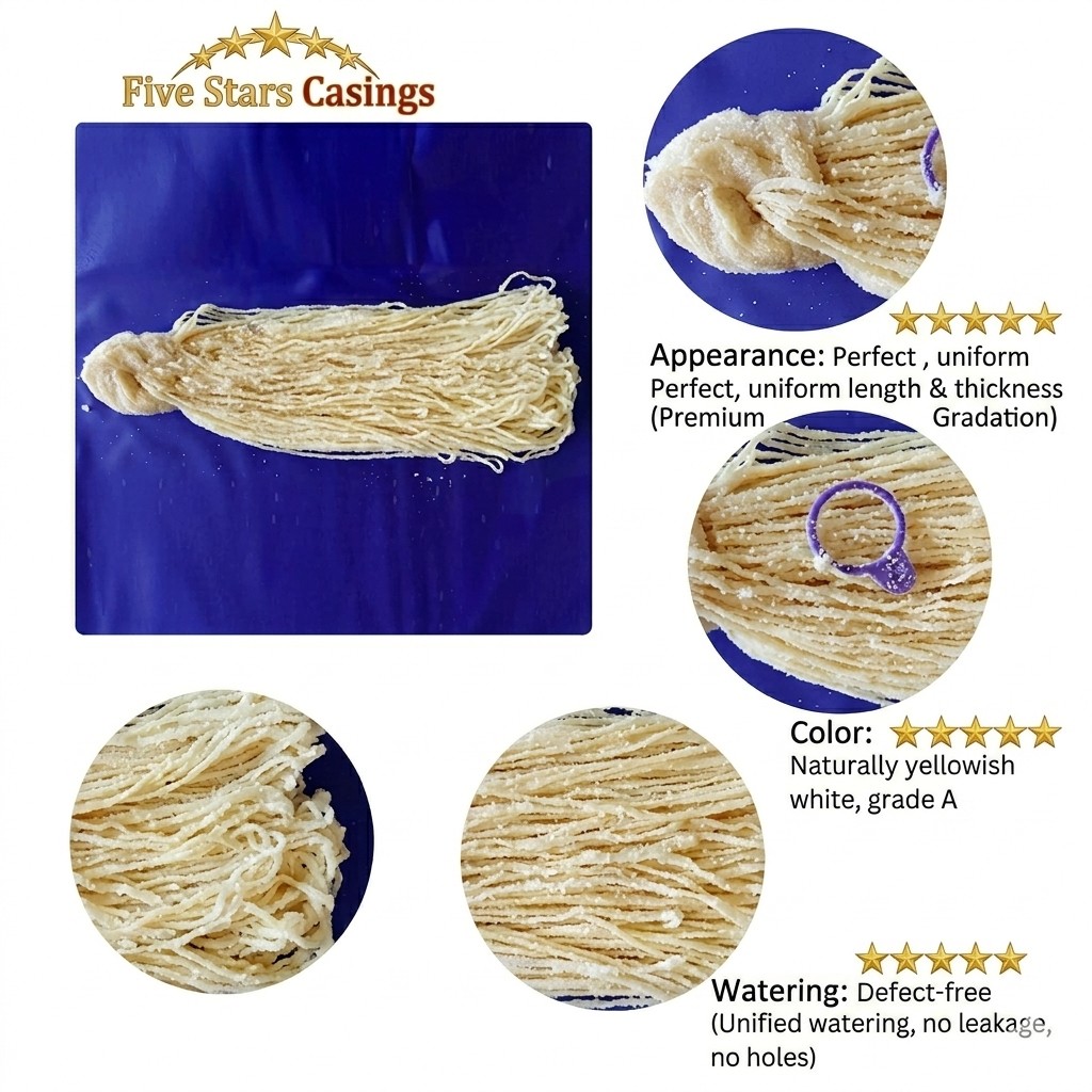 Premium salted natural sheep sausage casings has been explained about the qualty at fivestarcasing.