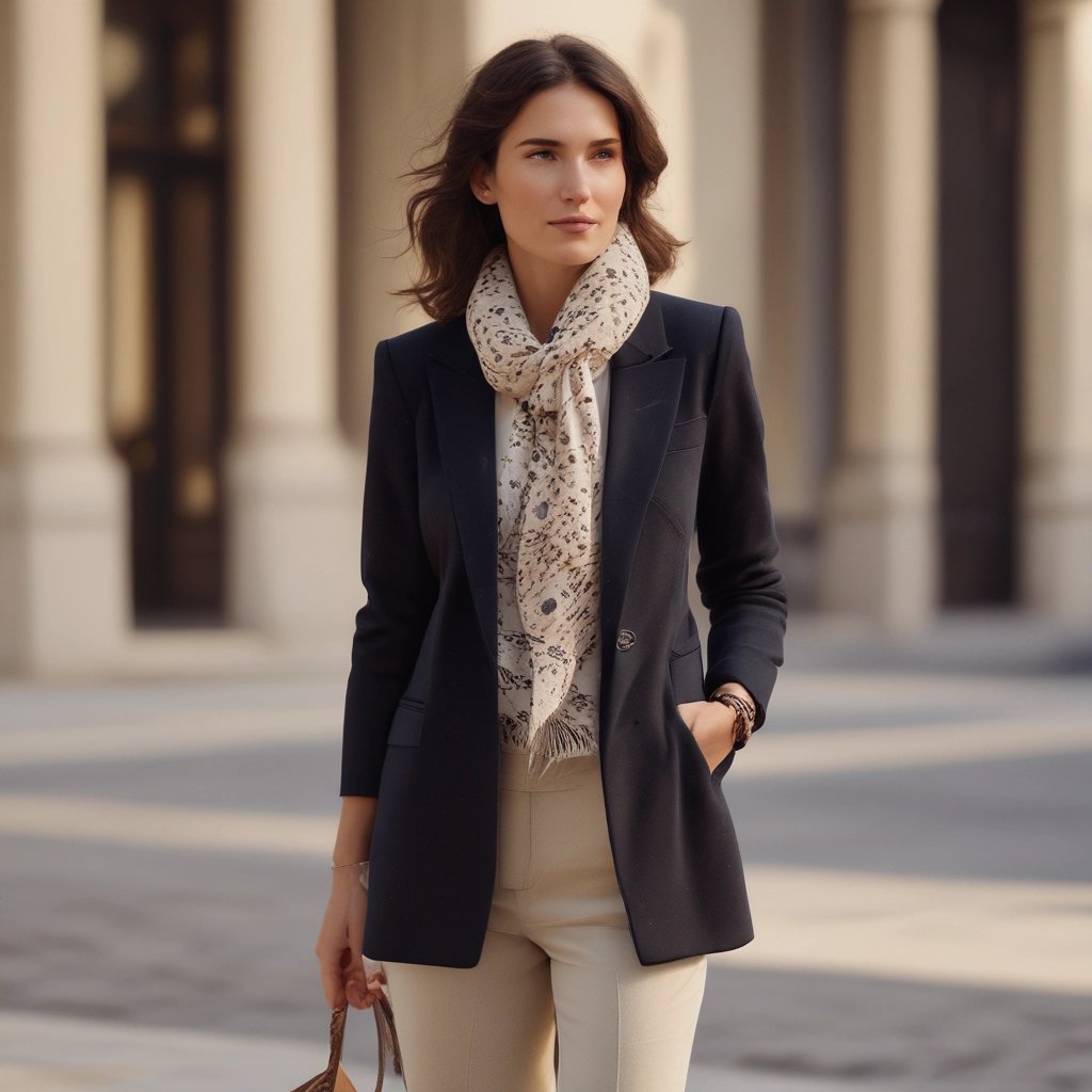 A poised woman in a tailored neutral blazer, standing confidently in an elegant airport lounge bathed in warm golden light.