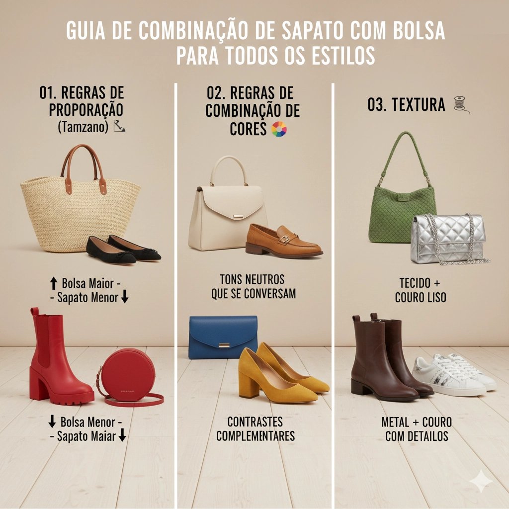 combinar sapato e bolsa regras de proporção visual guia estilo styling