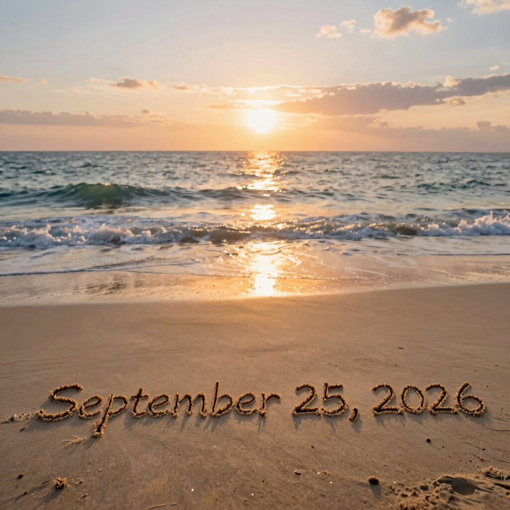 25 septembre, 2026 written in sand on a beach at sunset with ocean waves.