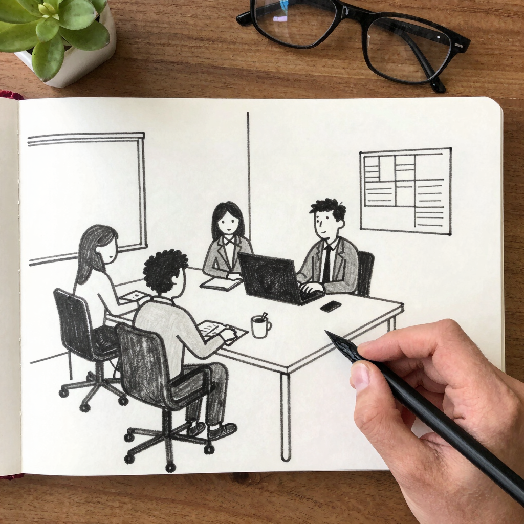 Modern office workspace with a team collaborating on administrative software on laptops.