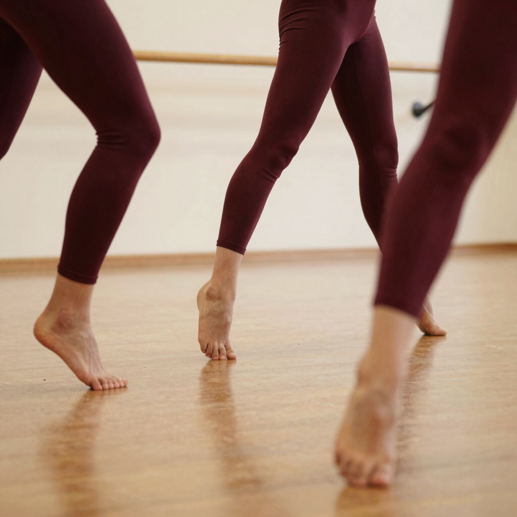 Bailarinas con mallas color burdeos practicando descalzos sobre el suelo de madera de un estudio 