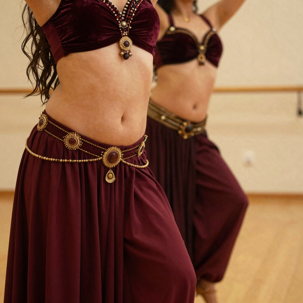 Dos bailarinas de danza del vientre actúan en un estudio vistiendo tops de terciopelo color burdeos 