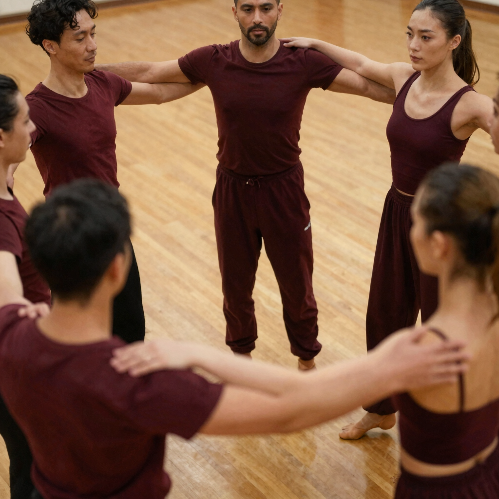 Un grupo de bailarines contemporáneos vestidos de color burdeos, de pie en círculo y con los brazos 