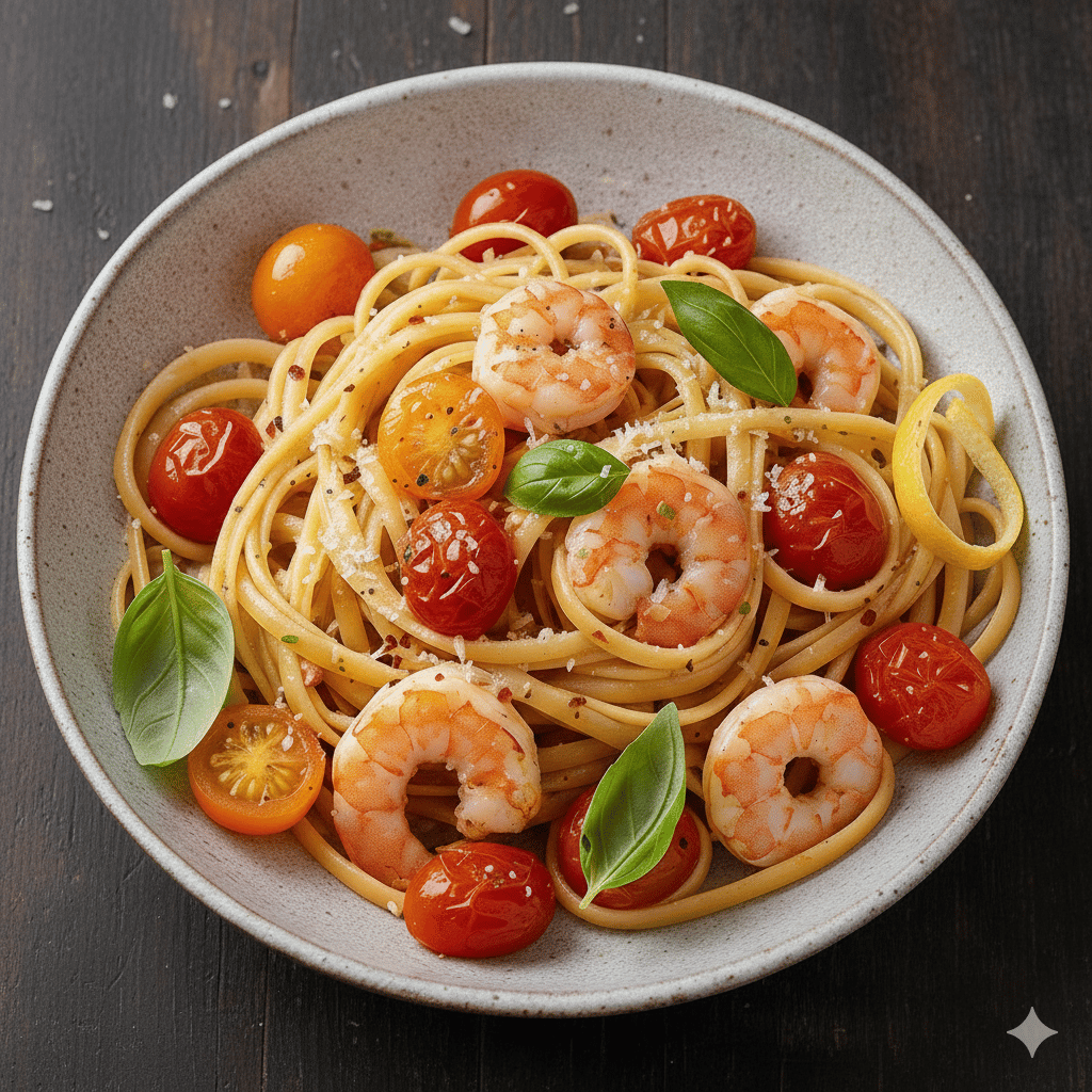 linguine con pomodorini, gamberetti e basilico