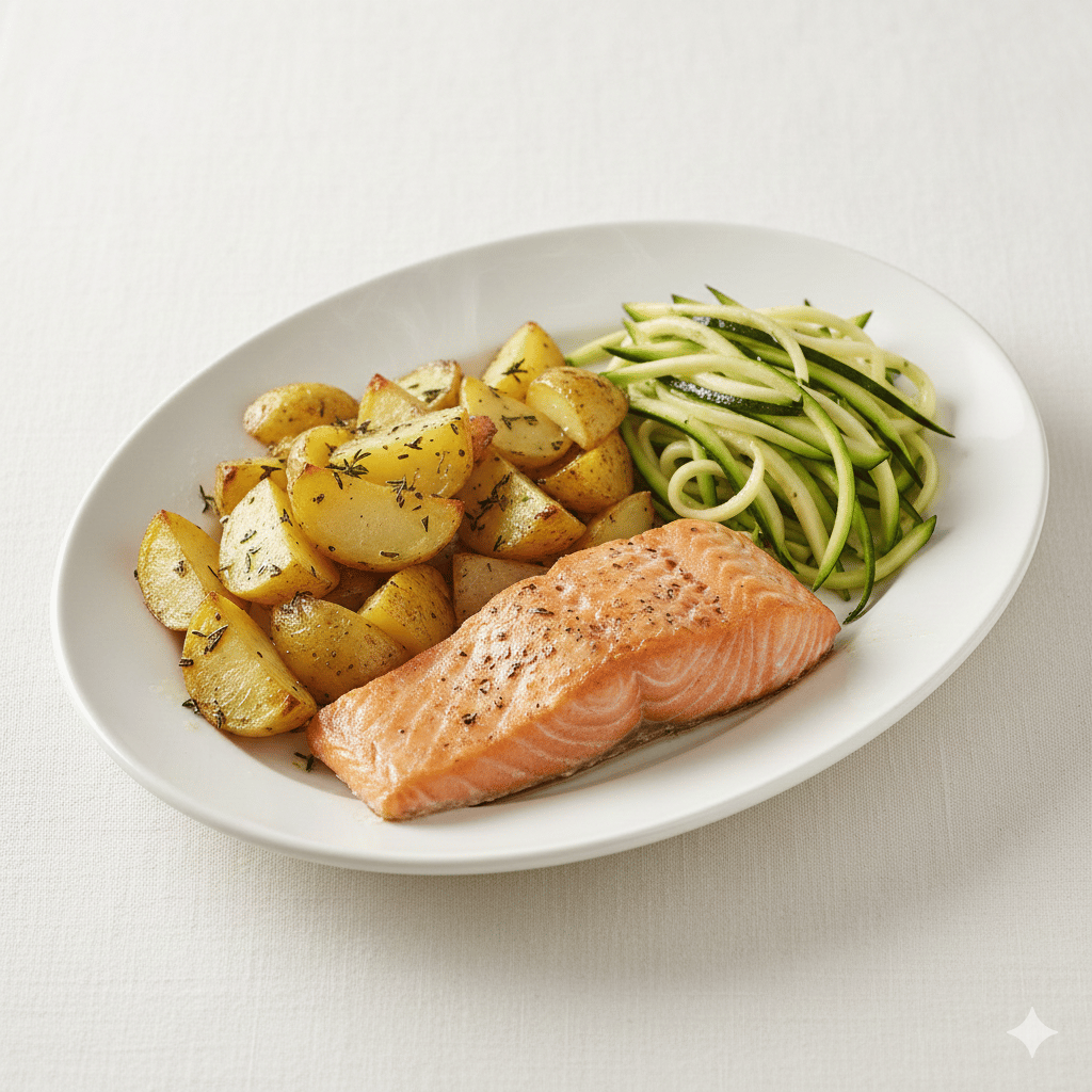 Trancio di salmone, patate e zucchine