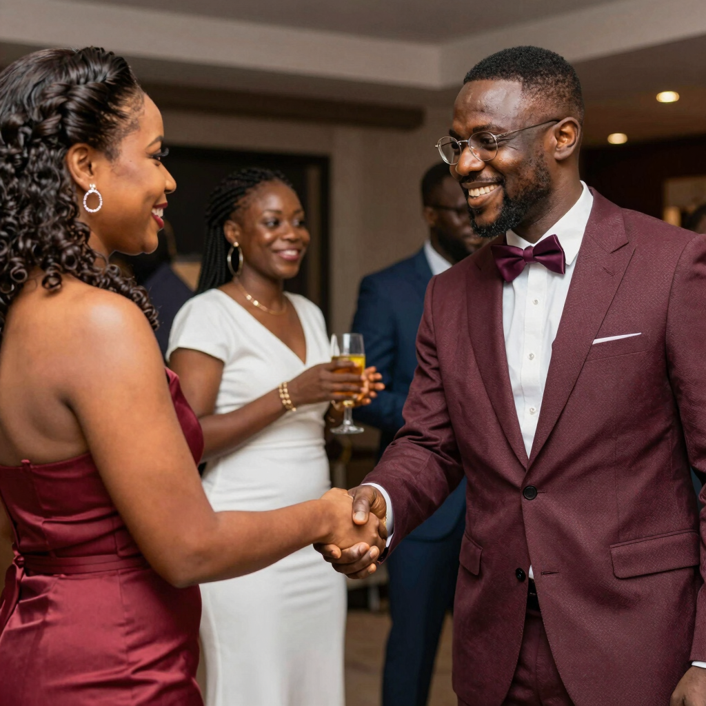 A confident lawyer shaking hands with a relieved client in a courtroom setting.