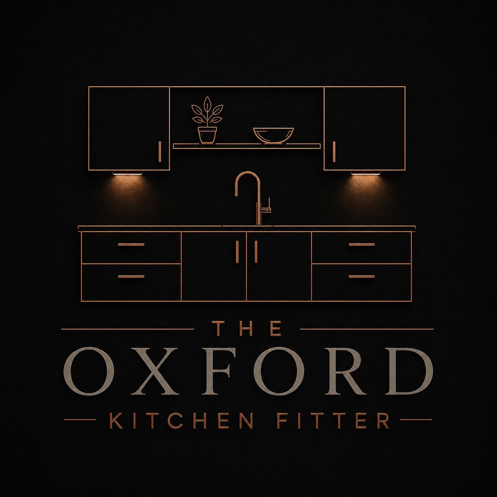 Logo for "The Oxford Kitchen Fitter" with a minimalist kitchen line drawing.