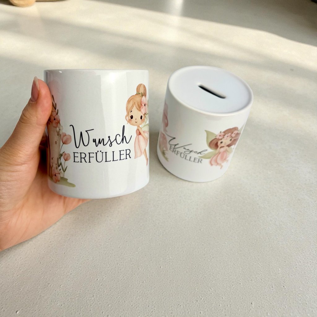 a person holding a mug with a piggy bank