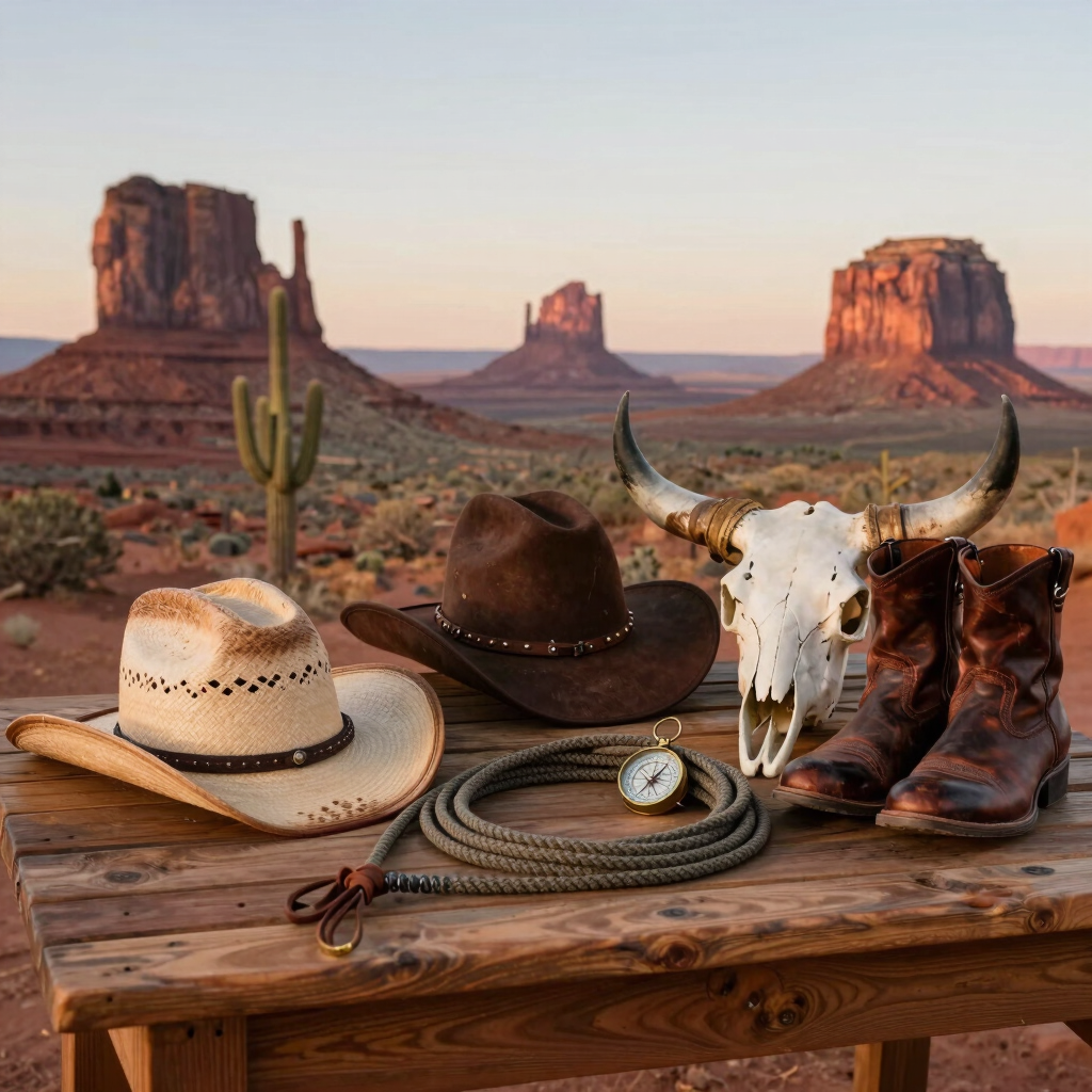 Trois chapeaux de cow-boy (paille, cuir, feutre), lasso et bottes sur une table devant Monument Valley.