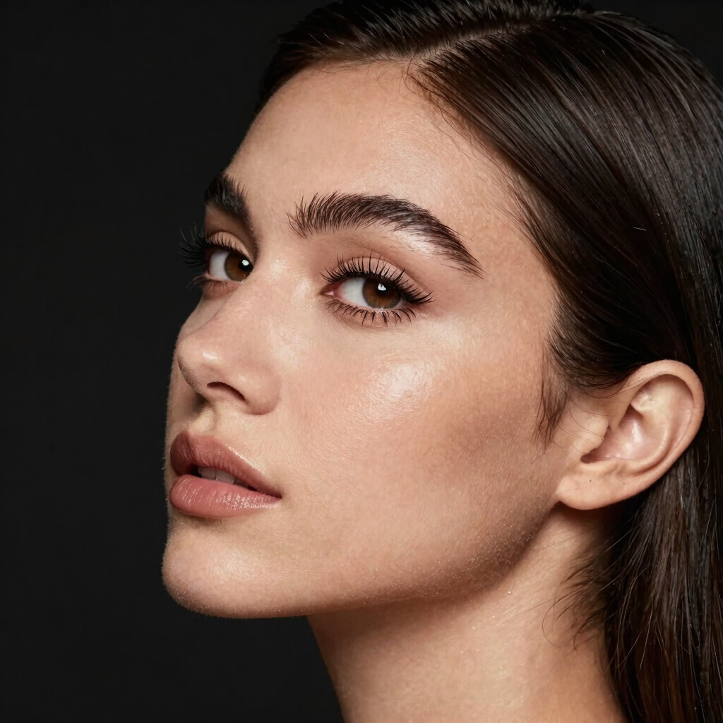 Extreme close-up of a female gaze, sophisticated natural makeup, warm golden-hour side light, dramatic chiaroscuro, luxury editorial style, 35mm film
