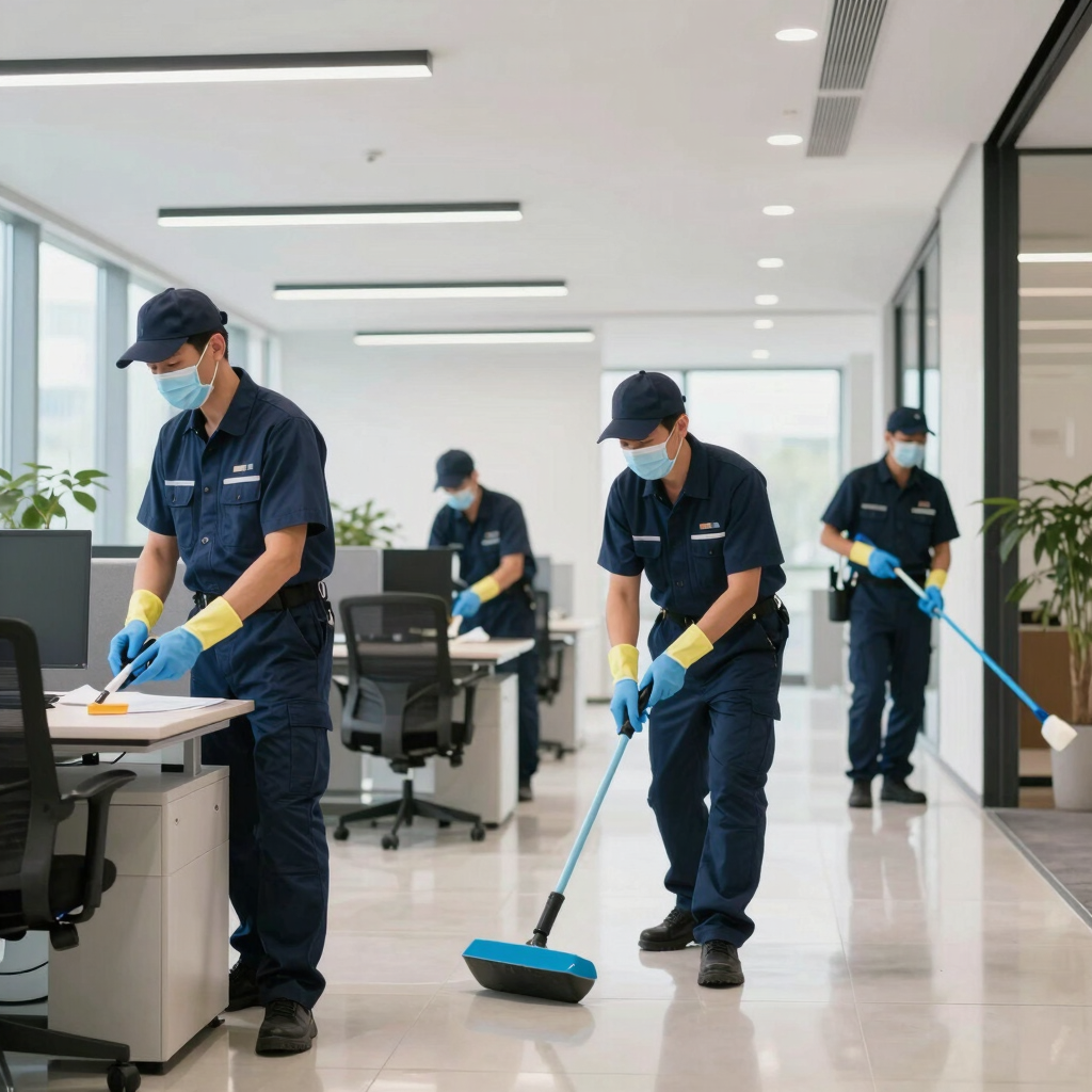 A sleek, modern workspace with a professional cleaning team in action under warm lighting.