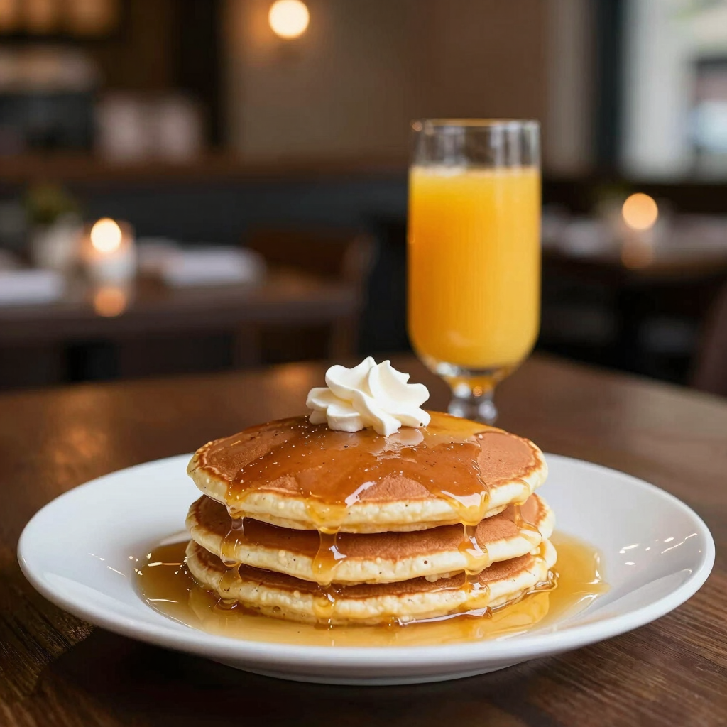 Stack of fluffy pancakes with maple syrup and whipped cream on a plate in a cozy cafe.