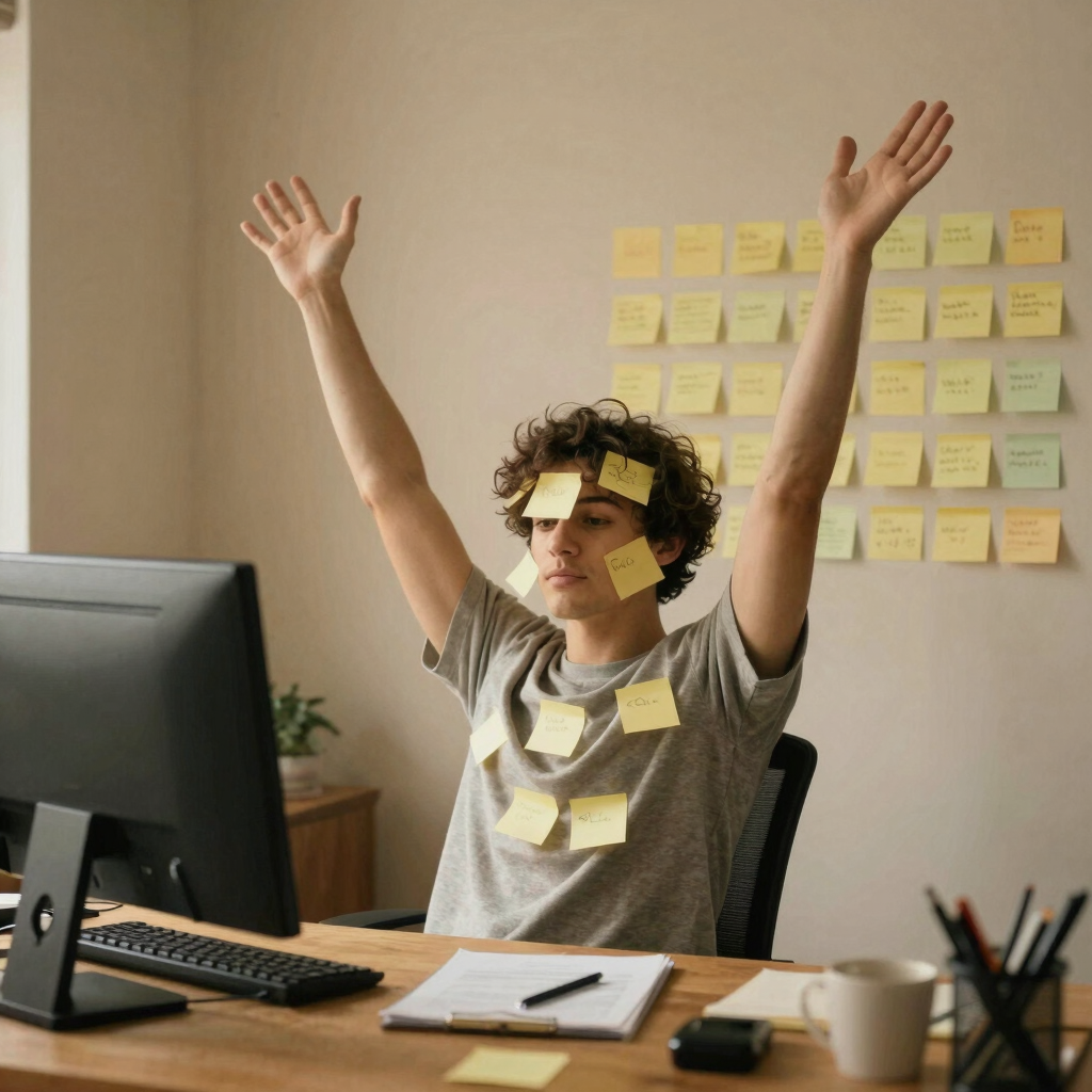someone sitting at a desk in a warm cosy room with post it notes plastered all over them and the des
