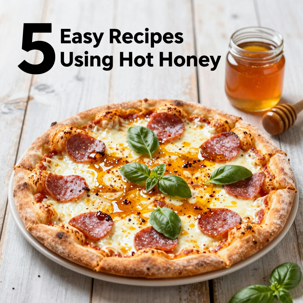 Freshly baked pepperoni pizza drizzled with hot honey and topped with basil leaves.
