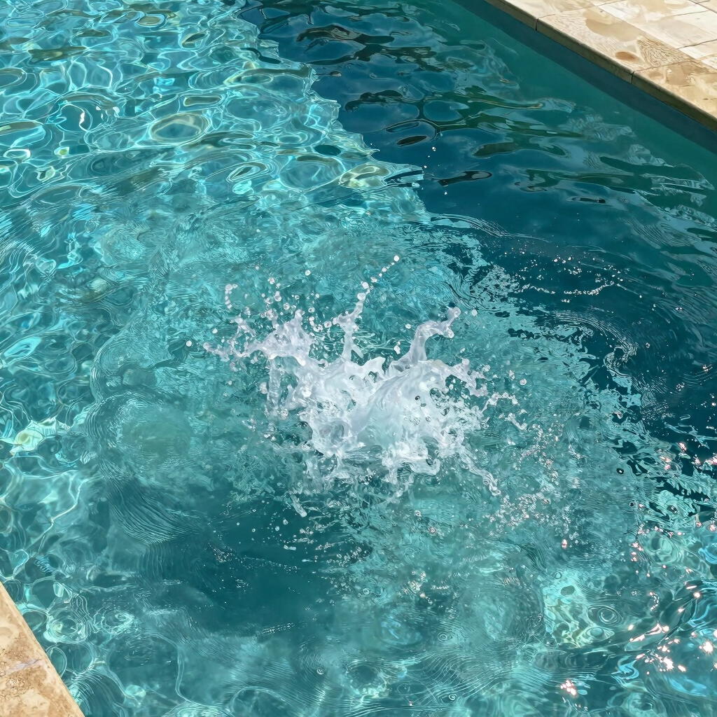 A large water splash in a clear turquoise backyard swimming pool with sunlight reflecting on the surface.