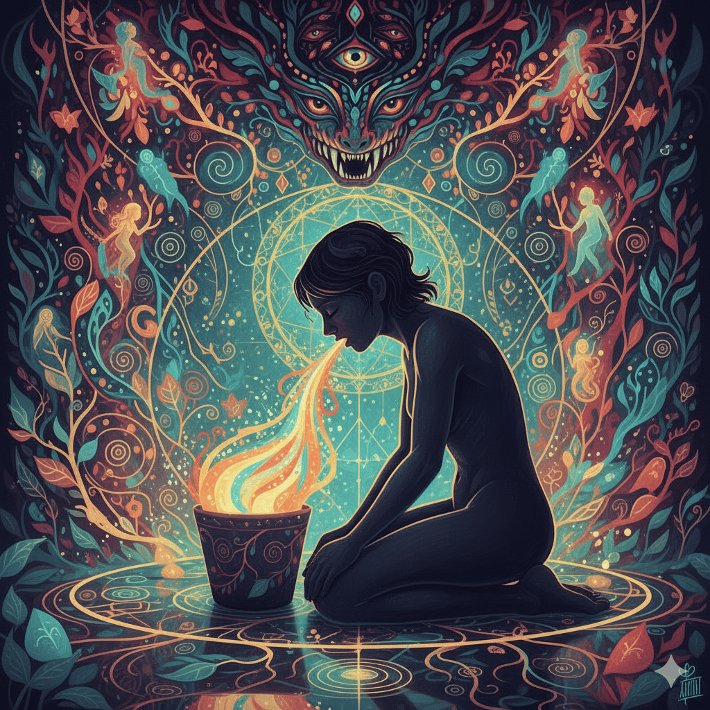 Imagem visionária do processo de limpeza espiritual em ritual de Ayahuasca.