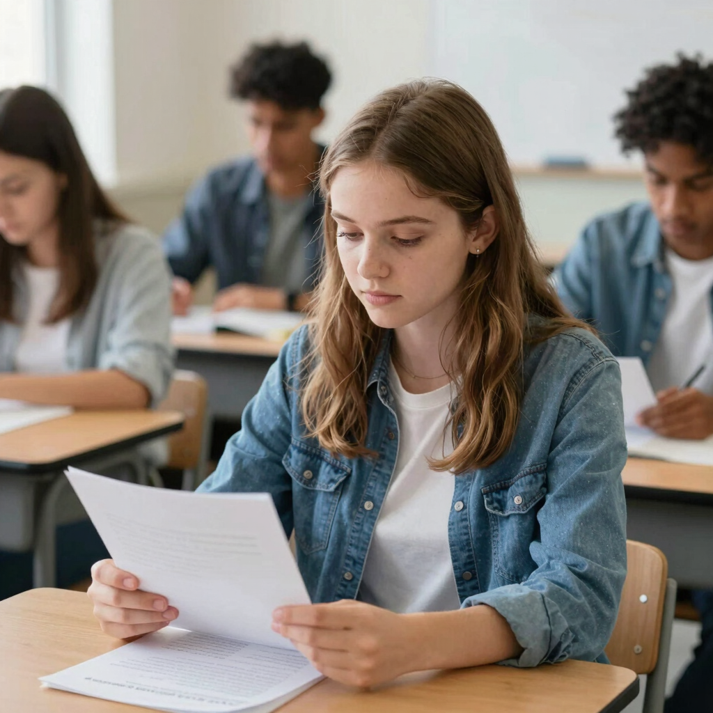 A cheerful nurse studying with colorful notes and a laptop in a cozy home setting.